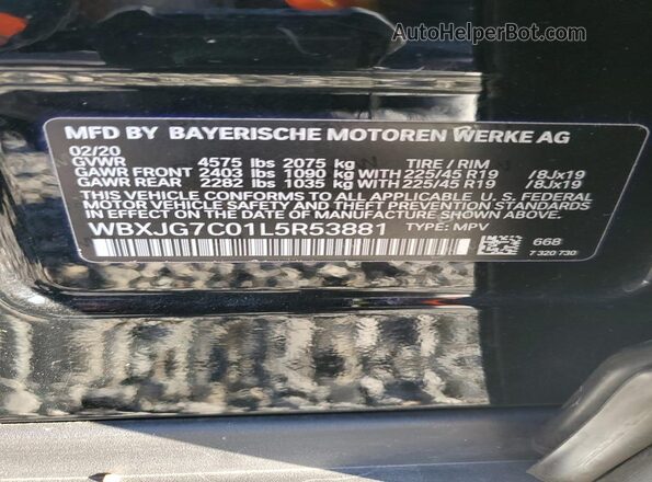 WBXJG7C01L5R53881 2020 BMW X1 Black VIN sticker view