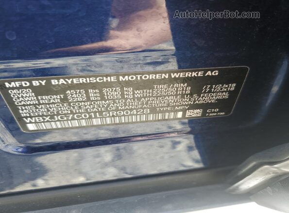 WBXJG7C01L5R90428 2020 BMW X1 Blue 360 interior view