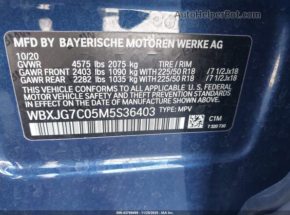 WBXJG7C05M5S36403 2021 BMW X1 Blue ძრავის განყოფილების ხედი
