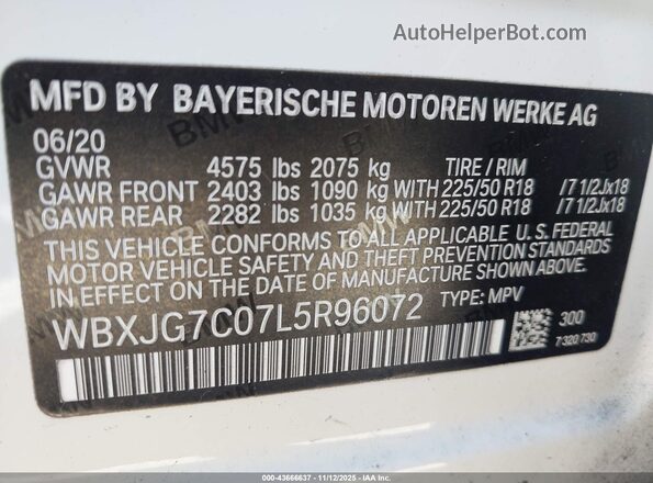 WBXJG7C07L5R96072 2020 BMW X1 White Շարժիչի բաժամունքի տեսք