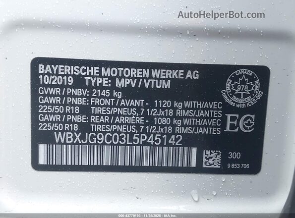 WBXJG9C03L5P45142 2020 BMW X1 White 
