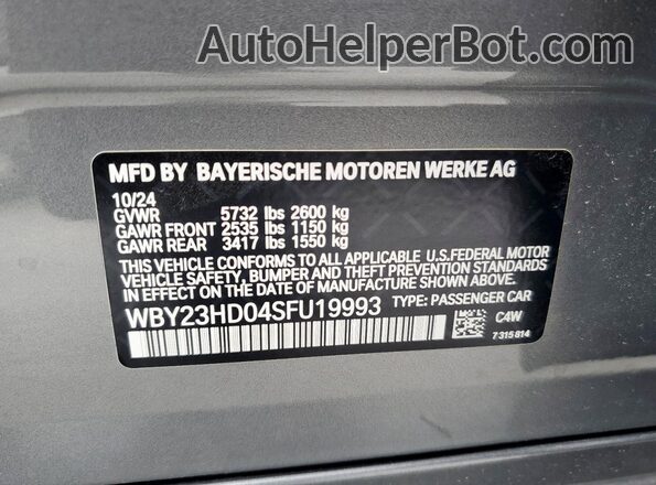 WBY23HD04SFU19993 2025 BMW I4 Gray VIN კოდის სტიკერის ხედი