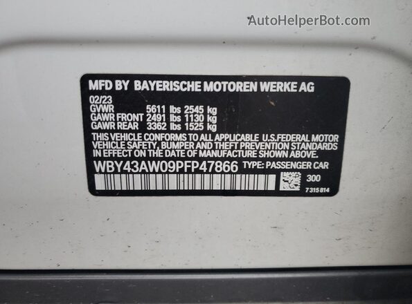 WBY43AW09PFP47866 2023 BMW I4 White Vista de la etiqueta del VIN