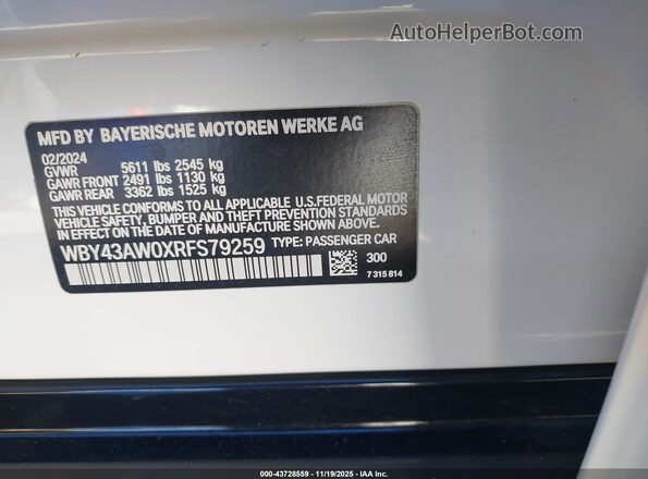 WBY43AW0XRFS79259 2024 BMW I4 White Вид підкапотного простору