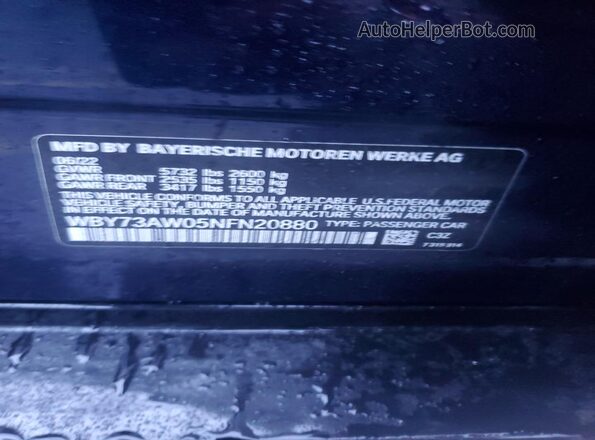WBY73AW05NFN20880 2022 BMW I4 Blue VIN sticker view
