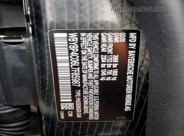 WBY8P4C06L7F85987 2020 BMW I3 Blue VIN sticker view