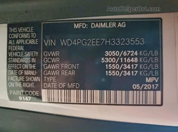 WD4PG2EE7H3323553 2017 MERCEDES-BENZ METRIS White Widok naklejki z numerem VIN