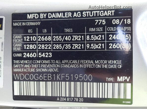 WDC0G6EB1KF519500 2019 MERCEDES-BENZ AMG GLC 43 Silver Вид підкапотного простору
