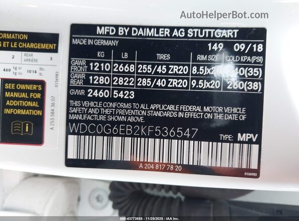 WDC0G6EB2KF536547 2019 MERCEDES-BENZ AMG GLC 43 White Widok komory silnika