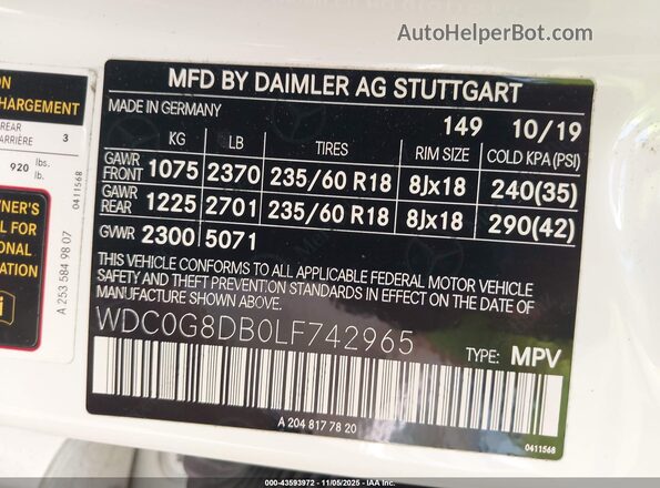 WDC0G8DB0LF742965 2020 MERCEDES-BENZ GLC 300 Белый 