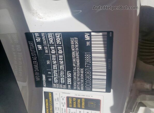 WDC0G8DB7LF738881 2020 MERCEDES-BENZ GLC-CLASS White VIN კოდის სტიკერის ხედი