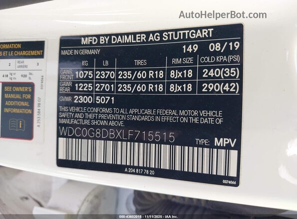 WDC0G8DBXLF715515 2020 MERCEDES-BENZ GLC 300 White Вид підкапотного простору