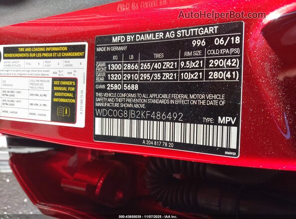 WDC0G8JB2KF486492 2019 MERCEDES-BENZ AMG GLC 63 Red Вид підкапотного простору