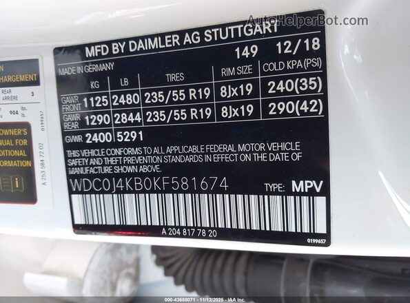 WDC0J4KB0KF581674 2019 MERCEDES-BENZ GLC 300 COUPE White 
