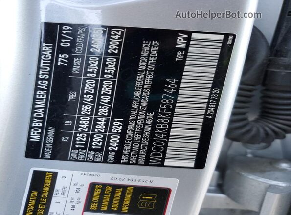WDC0J4KB8KF587464 2019 MERCEDES-BENZ GLC-CLASS Серебряный Вид наклейки с VIN-кодом