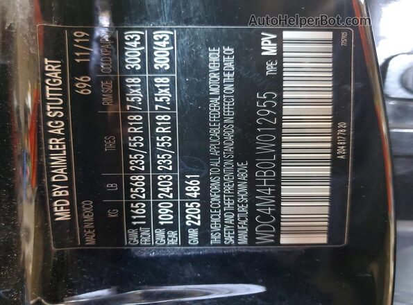 WDC4M4HB0LW012955 2020 MERCEDES-BENZ GLB-CLASS Black Вид наклейки з VIN-кодом