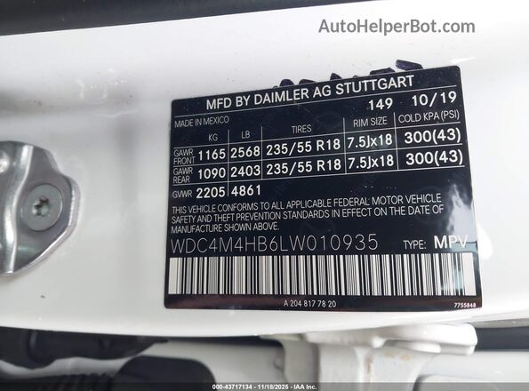 WDC4M4HB6LW010935 2020 MERCEDES-BENZ GLB-CLASS White Շարժիչի բաժամունքի տեսք