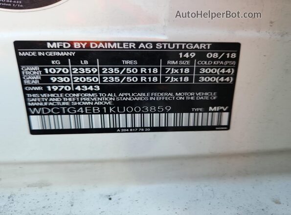 WDCTG4EB1KU003859 2019 MERCEDES-BENZ GLA White ძრავის განყოფილების ხედი