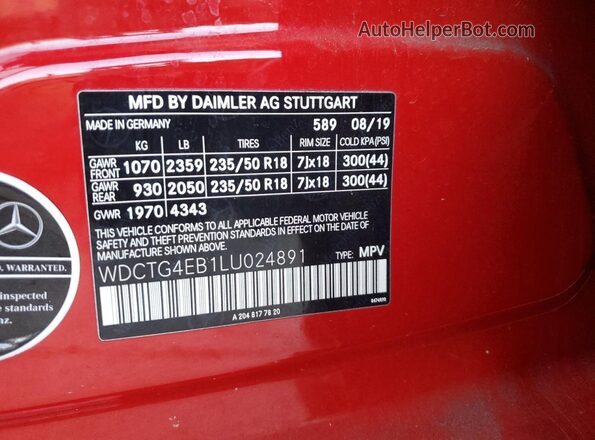 WDCTG4EB1LU024891 2020 MERCEDES-BENZ GLA Red Շարժիչի բաժամունքի տեսք