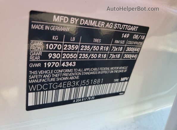 WDCTG4EB3KJ551881 2019 MERCEDES-BENZ GLA White Вид наклейки з VIN-кодом