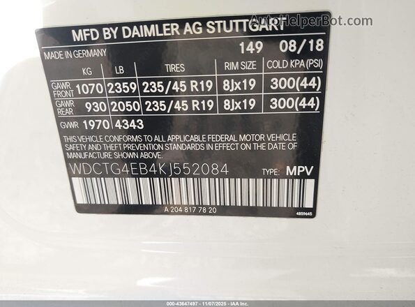 WDCTG4EB4KJ552084 2019 MERCEDES-BENZ GLA 250 White Widok komory silnika