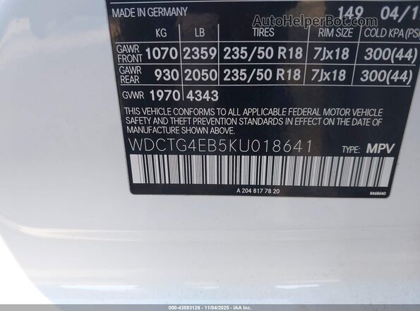 WDCTG4EB5KU018641 2019 MERCEDES-BENZ GLA 250 White 