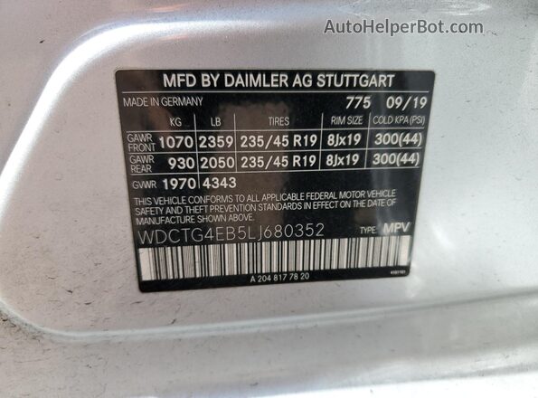 WDCTG4EB5LJ680352 2020 MERCEDES-BENZ GLA Silver VIN კოდის სტიკერის ხედი