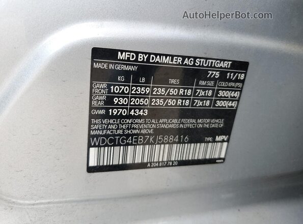 WDCTG4EB7KJ588416 2019 MERCEDES-BENZ GLA Silver Vista de la etiqueta del VIN