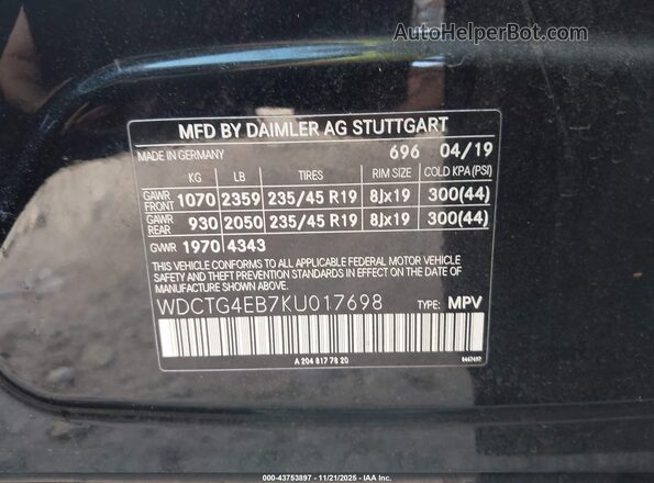 WDCTG4EB7KU017698 2019 MERCEDES-BENZ GLA 250 Черный Вид подкапотного пространства