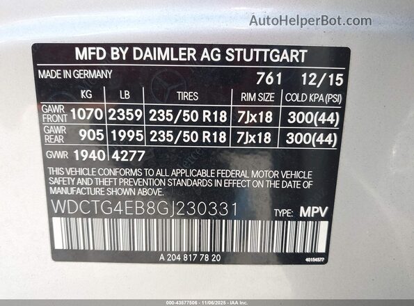 WDCTG4EB8GJ230331 2016 MERCEDES-BENZ GLA 250 Silver Vista del compartimento del motor