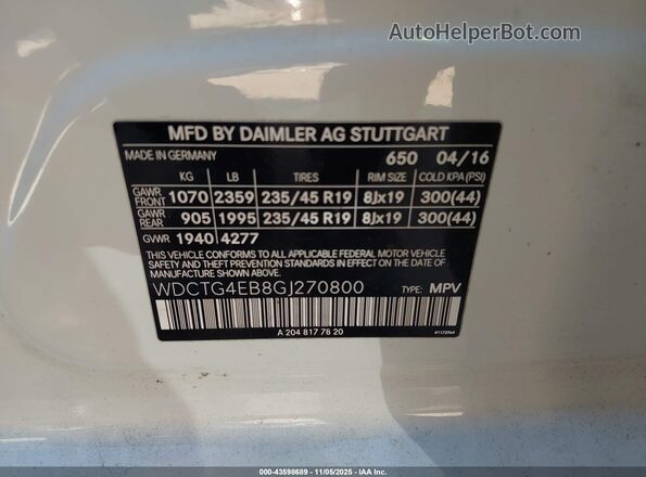 WDCTG4EB8GJ270800 2016 MERCEDES-BENZ GLA 250 White Շարժիչի բաժամունքի տեսք
