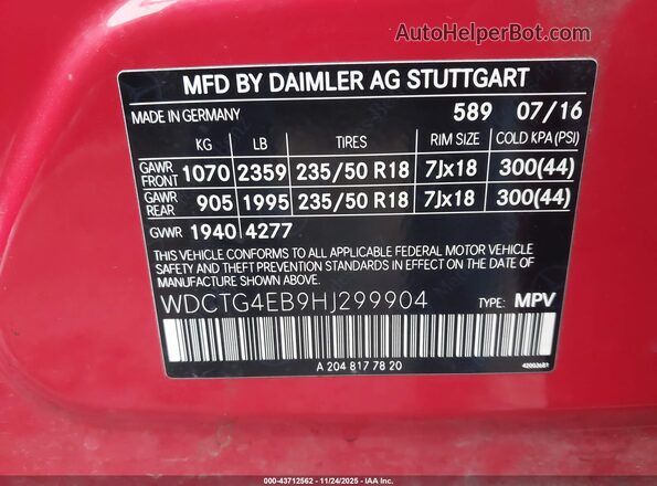 WDCTG4EB9HJ299904 2017 MERCEDES-BENZ GLA 250 Red Вид підкапотного простору