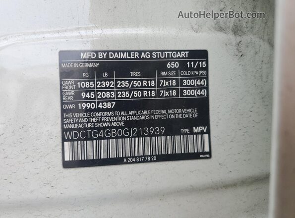 WDCTG4GB0GJ213939 2016 MERCEDES-BENZ GLA White Widok naklejki z numerem VIN