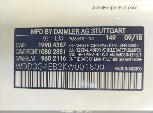 WDD3G4EB2KW001800 2019 MERCEDES-BENZ A 220 White Շարժիչի բաժամունքի տեսք