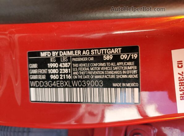 WDD3G4EBXLW039003 2020 MERCEDES-BENZ A Red VIN sticker view