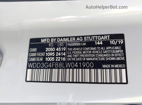 WDD3G4FB8LW041900 2020 MERCEDES-BENZ A 220 White 