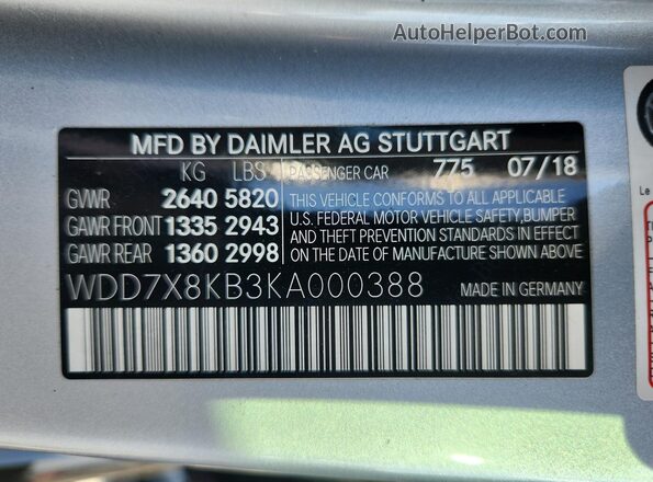 WDD7X8KB3KA000388 2019 MERCEDES-BENZ AMG Silver Vista de la etiqueta del VIN
