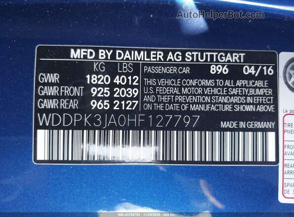 WDDPK3JA0HF127797 2017 MERCEDES-BENZ SLC 300 Синий 