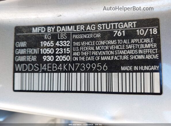 WDDSJ4EB4KN739956 2019 MERCEDES-BENZ CLA 250 Silver 