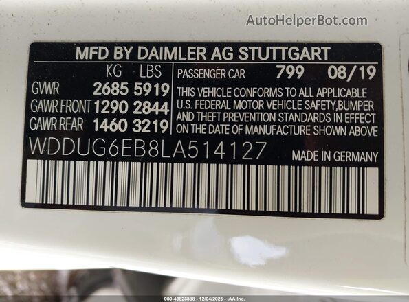 WDDUG6EB8LA514127 2020 MERCEDES-BENZ S-CLASS White ძრავის განყოფილების ხედი