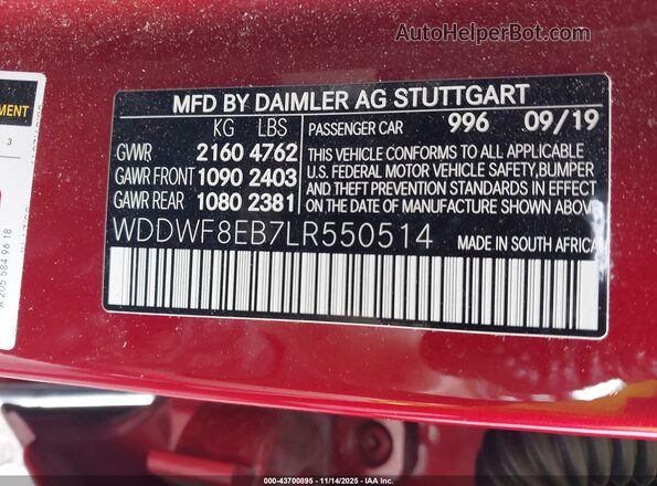 WDDWF8EB7LR550514 2020 MERCEDES-BENZ C-CLASS Красный Вид подкапотного пространства