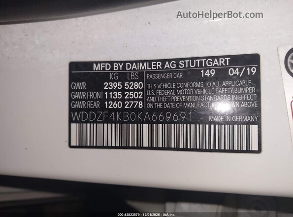 WDDZF4KB0KA669691 2019 MERCEDES-BENZ E-CLASS White Вид підкапотного простору