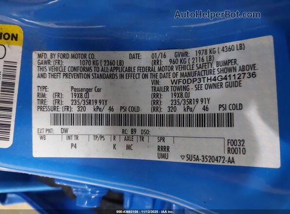 WF0DP3TH4G4112736 2016 FORD FOCUS RS Синий Вид подкапотного пространства