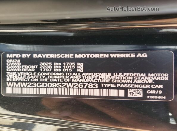 WMW23GD09S2W26783 2025 MINI COOPER Black VIN կոդի պիտակի տեսք