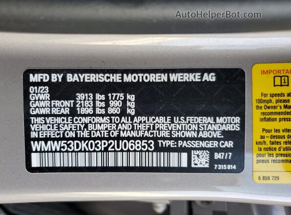 WMW53DK03P2U06853 2023 MINI COOPER Gray Widok naklejki z numerem VIN