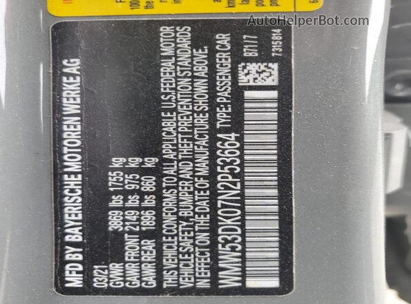 WMW53DK07N2P53664 2022 MINI COOPER Gray VIN կոդի պիտակի տեսք