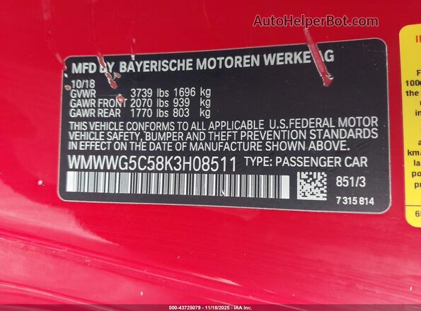 WMWWG5C58K3H08511 2019 MINI CONVERTIBLE Red ძრავის განყოფილების ხედი