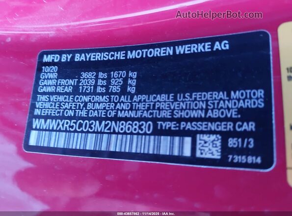 WMWXR5C03M2N86830 2021 MINI HARDTOP Red ძრავის განყოფილების ხედი
