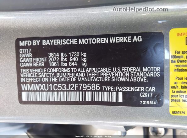 WMWXU1C53J2F79586 2018 MINI HARDTOP Gray 