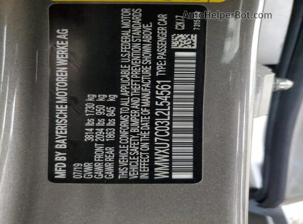 WMWXU7C03L2L54561 2020 MINI COOPER Gray Widok naklejki z numerem VIN